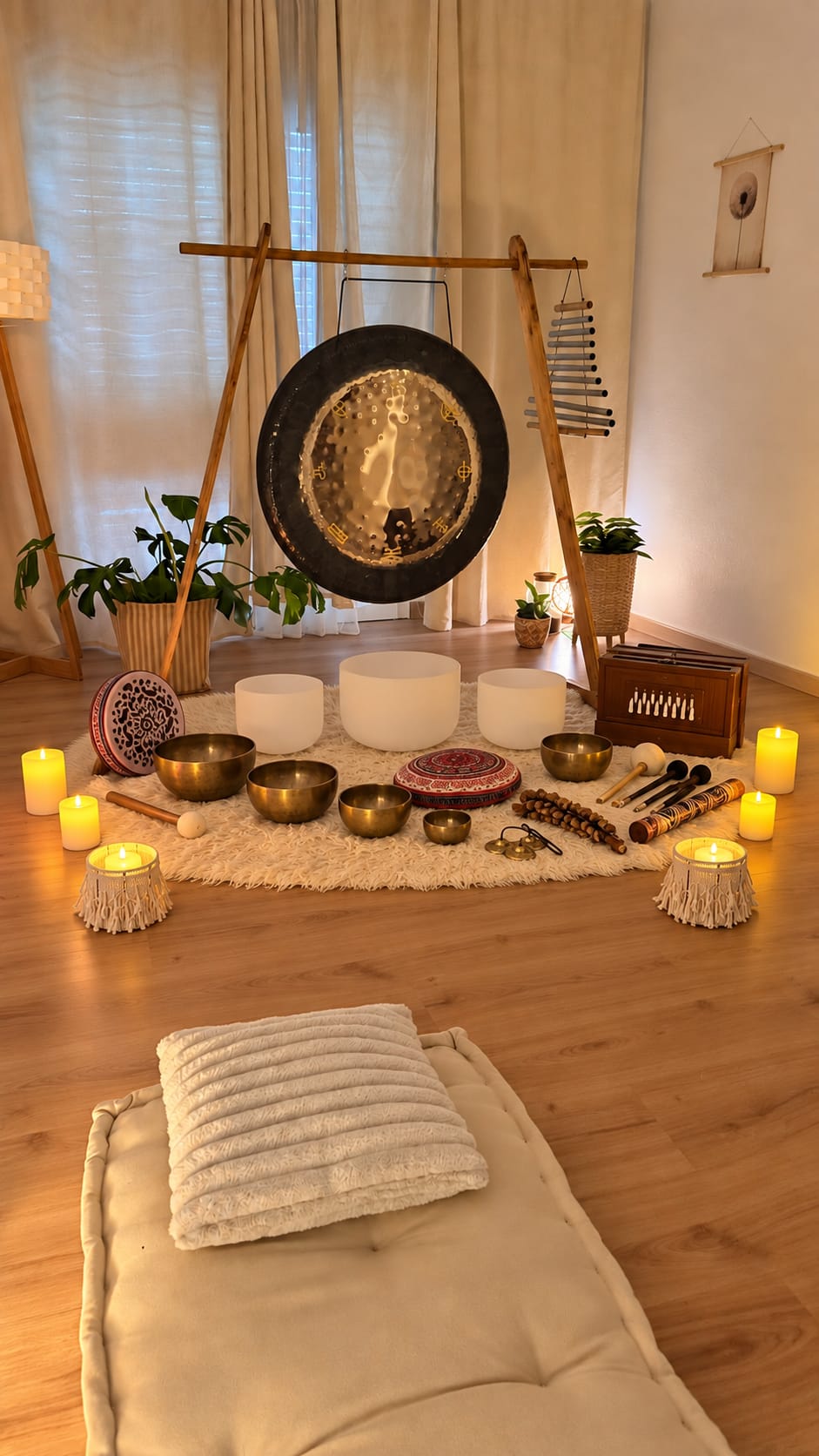 Gong, cuencos y otros instrumentos preparados para un baño sonoro