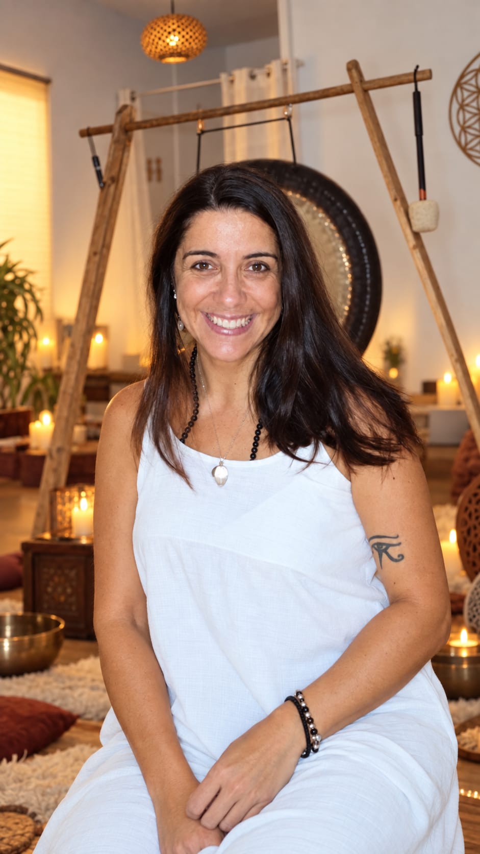Silvina, terapeuta de Reiki, sentada y sonriendo frente al gong en la sala de Espai Entre Vidas