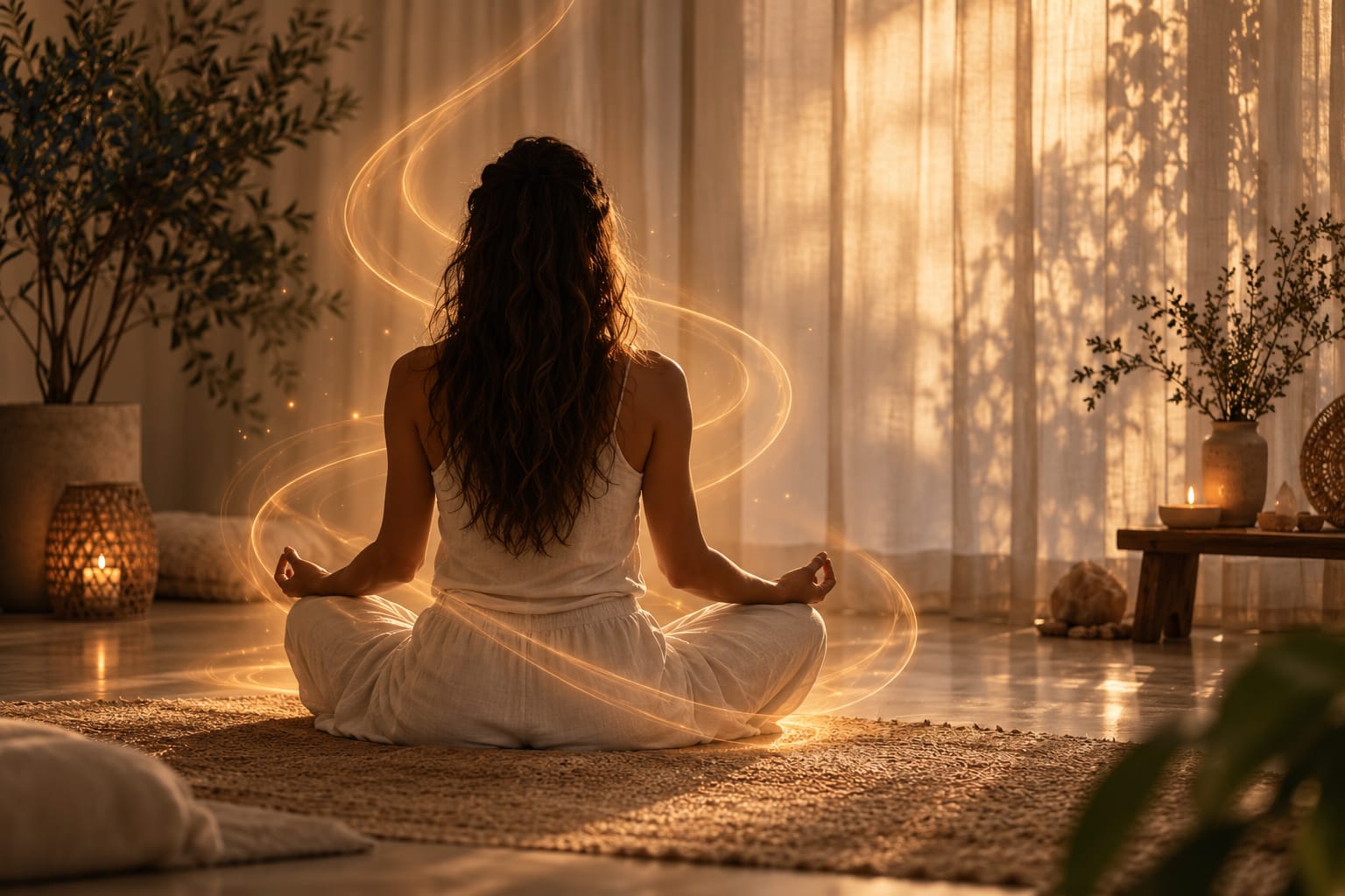 Mujer meditando rodeada por una luz dorada en una sala cálida