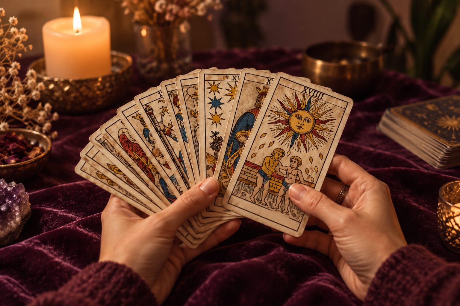 Manos sosteniendo cartas de tarot sobre un fondo color ciruela