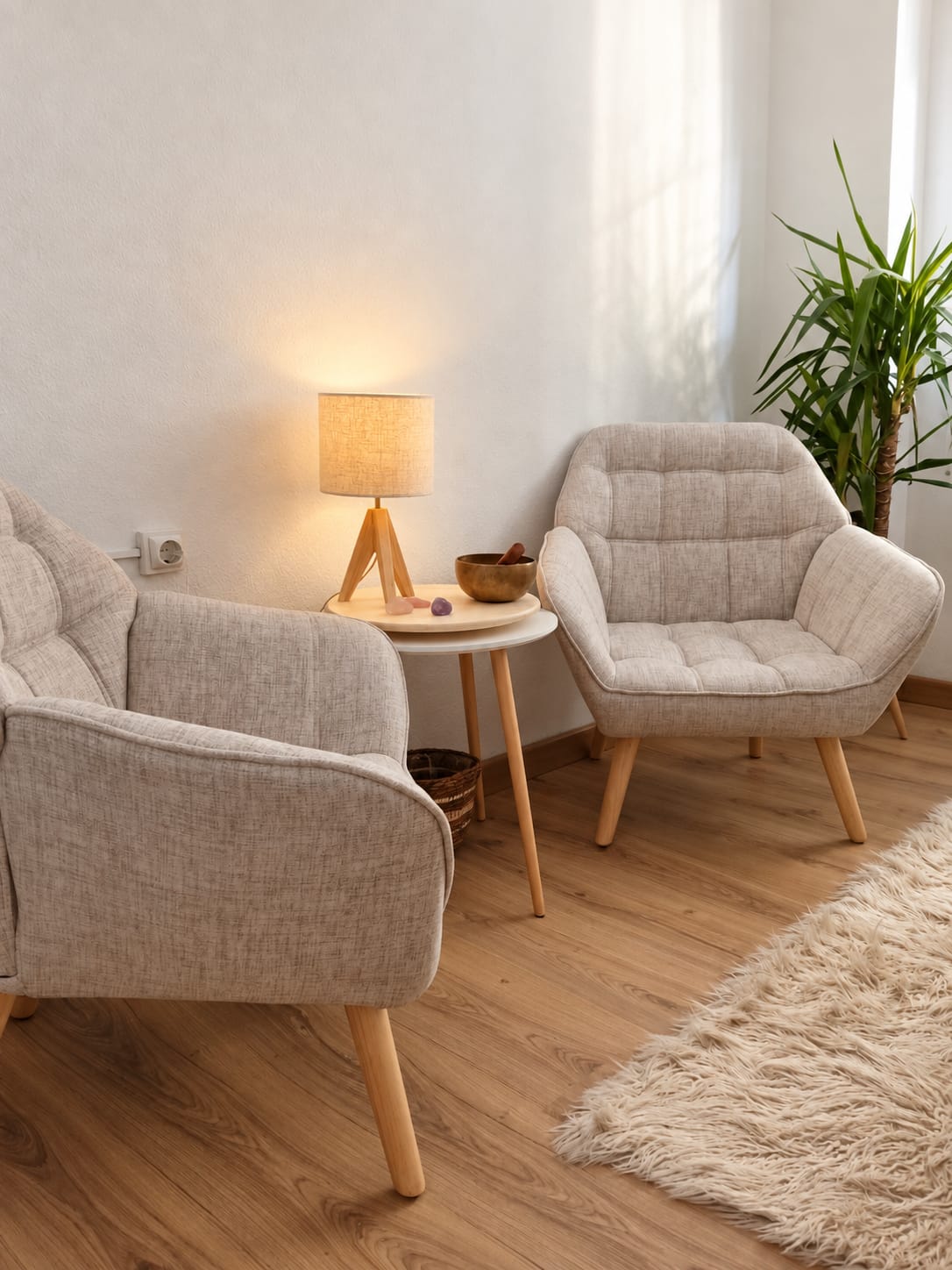 Consulta individual de Espai Entre Vidas con dos butacas beige, mesa, planta y lámpara