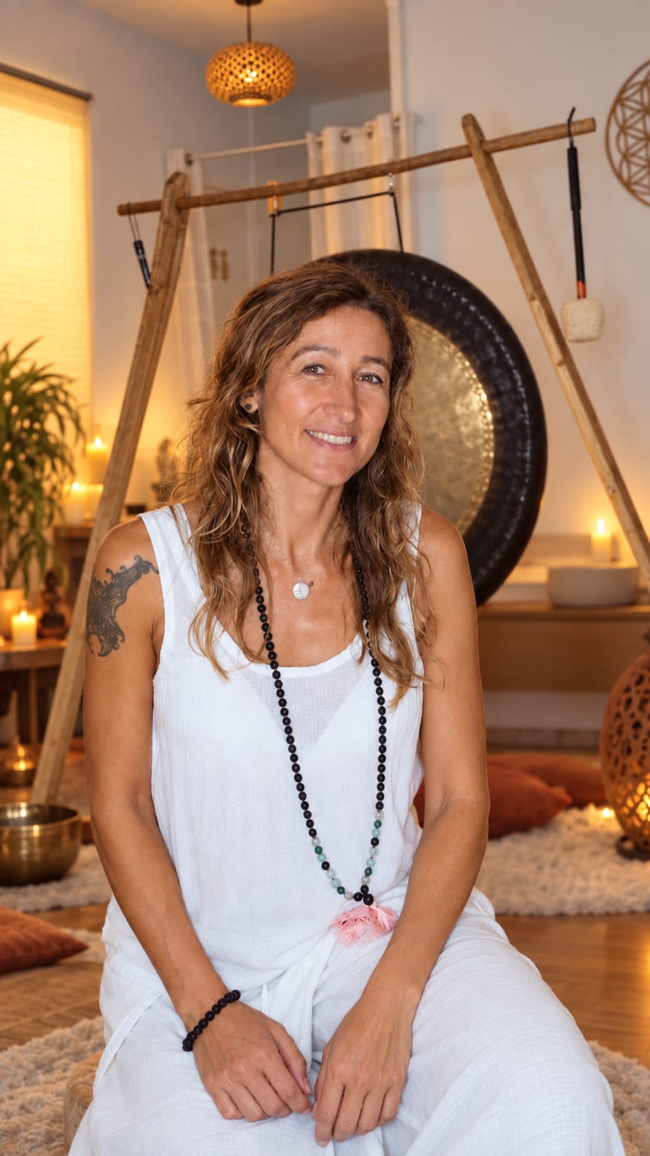 Nadine, terapeuta de sonido, sentada y sonriendo frente al gong en la sala de Espai Entre Vidas