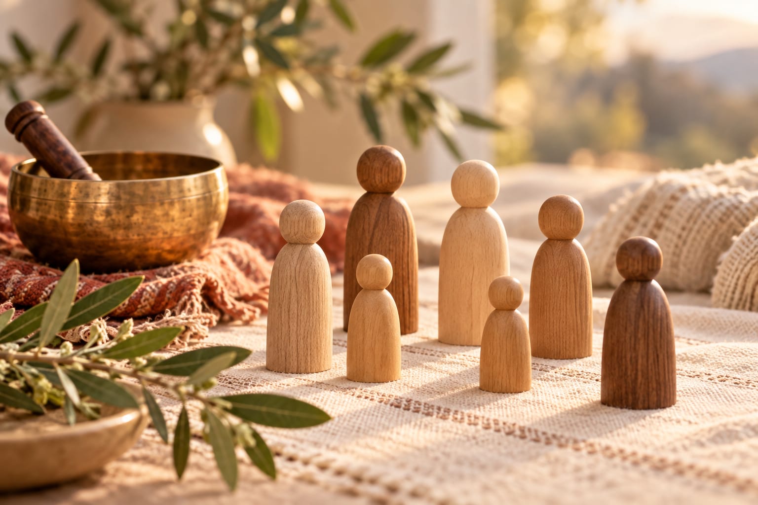 Figuras familiares de madera junto a un cuenco en un ambiente cálido