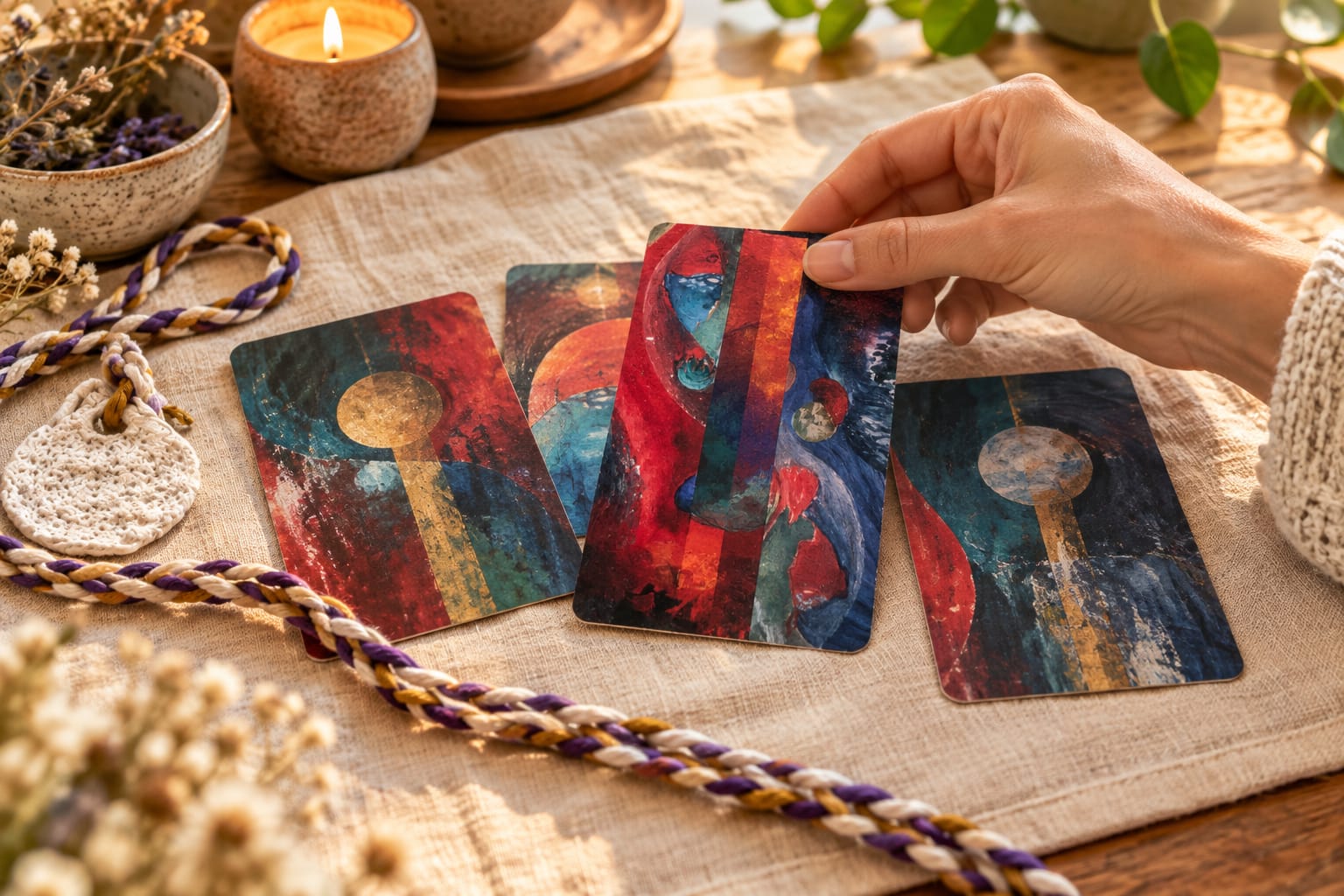 Mano sosteniendo cartas artesanales de oráculo sobre una mesa