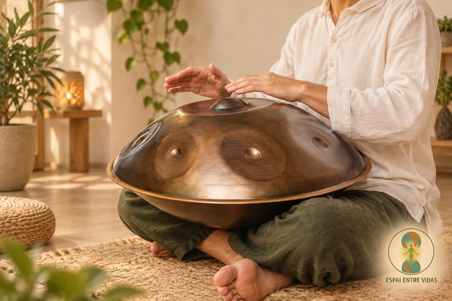 Persona tocando un handpan en una sala luminosa
