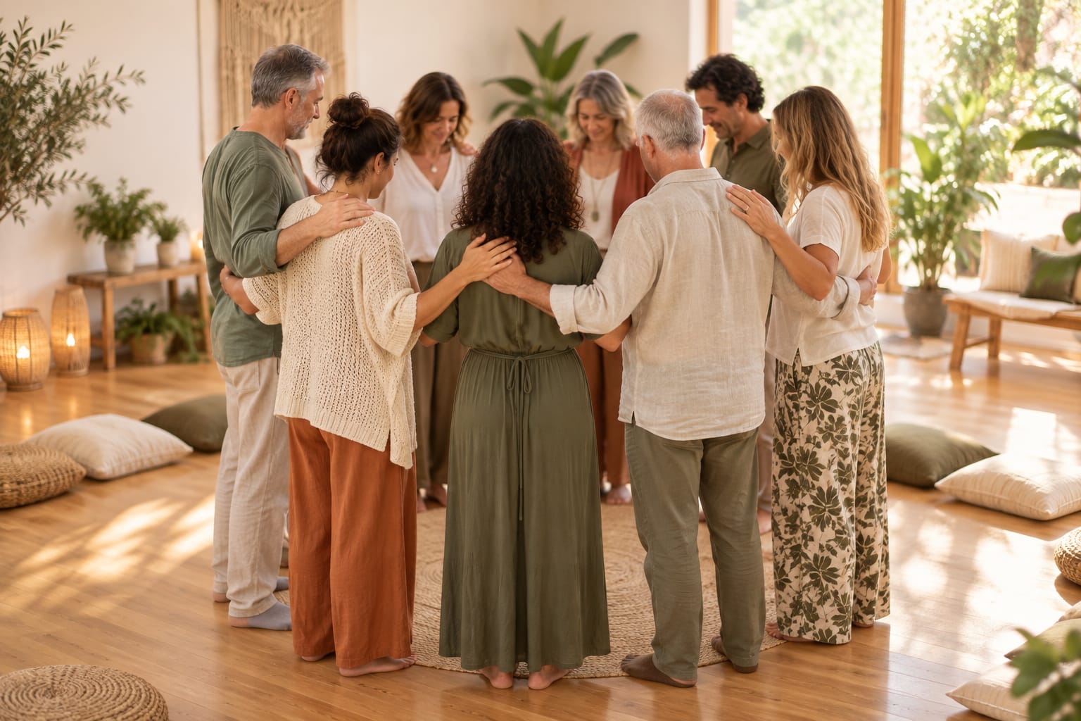 Grupo de personas formando un círculo en una sala luminosa