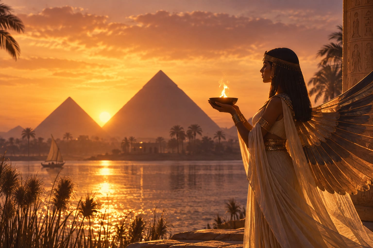 Representación de la diosa Isis frente a las pirámides al atardecer