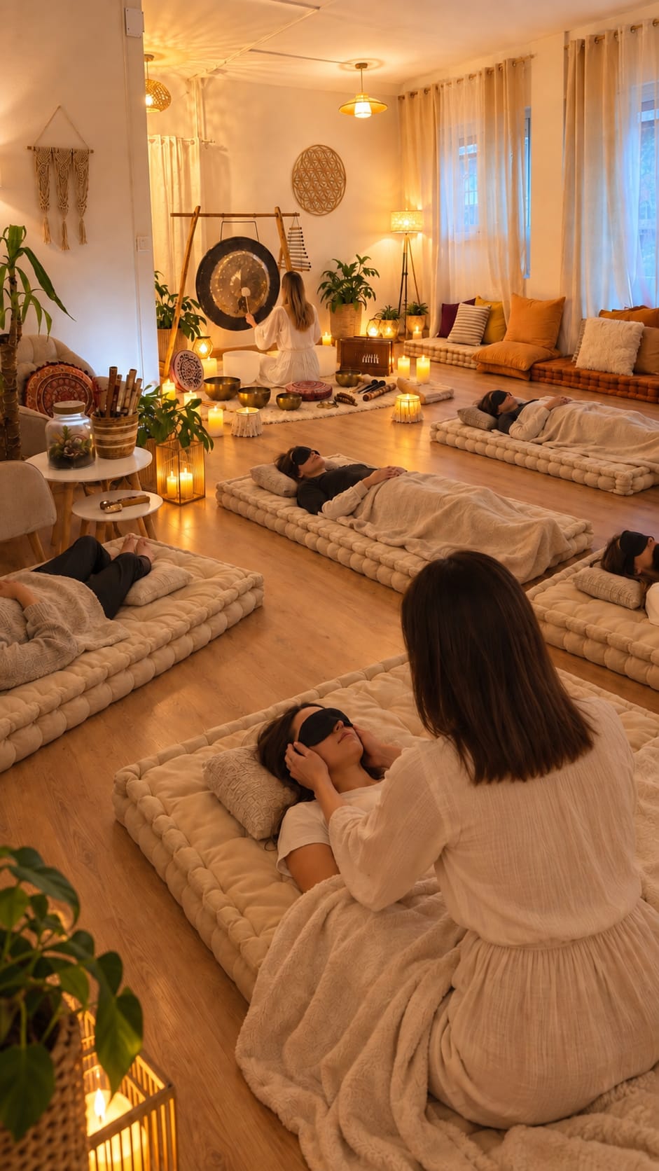 Baño sonoro y Reiki en Espai Entre Vidas: participantes tumbados en futones mientras se tocan cuencos e instrumentos